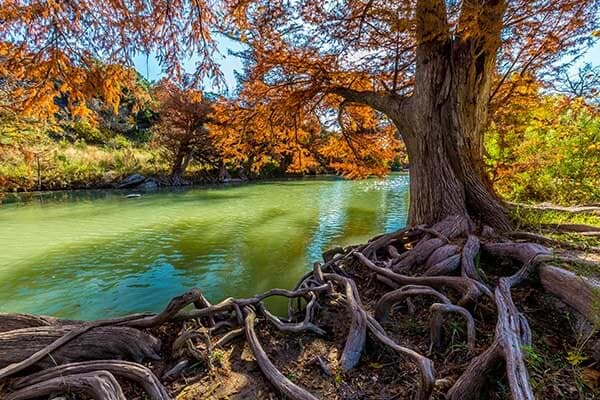 texas camping view of river with fall vibrant colored trees