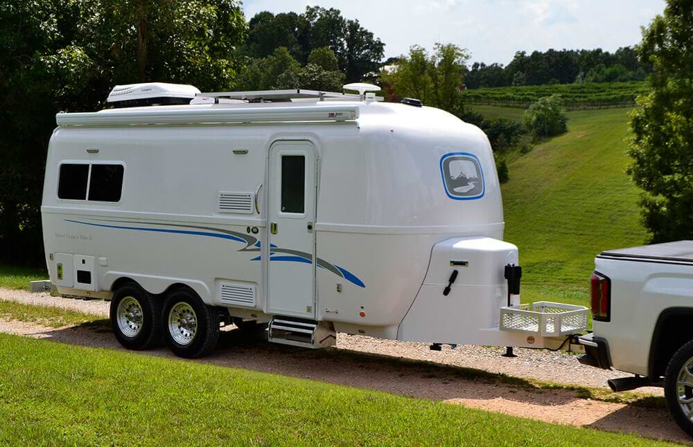 An RV parked while boondocking at a vineyard.