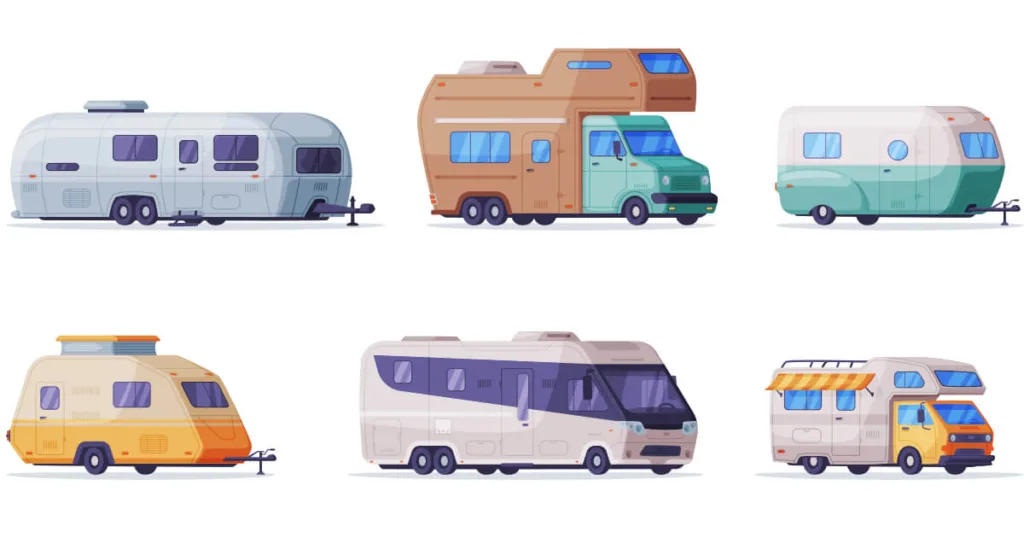 A collage image depicting contrasting campers, travel trailers, motorhomes side by side.