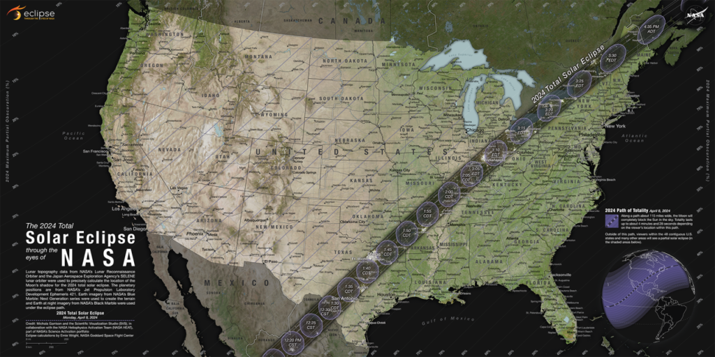 A map detailing the path of the 2024 total solar eclipse reveals a narrow band stretching across the contiguous U.S. from Texas to Maine.