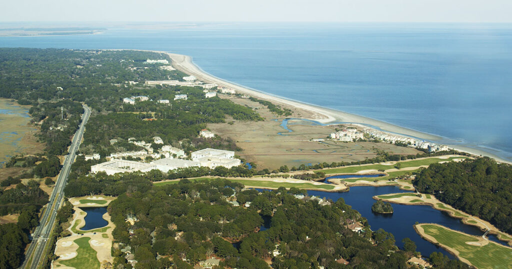 aerial view of a beach town usa