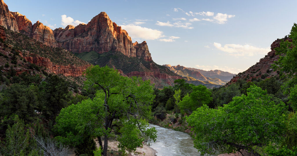 Zion National Park in Spring - View of the mountain peak named The Watchman