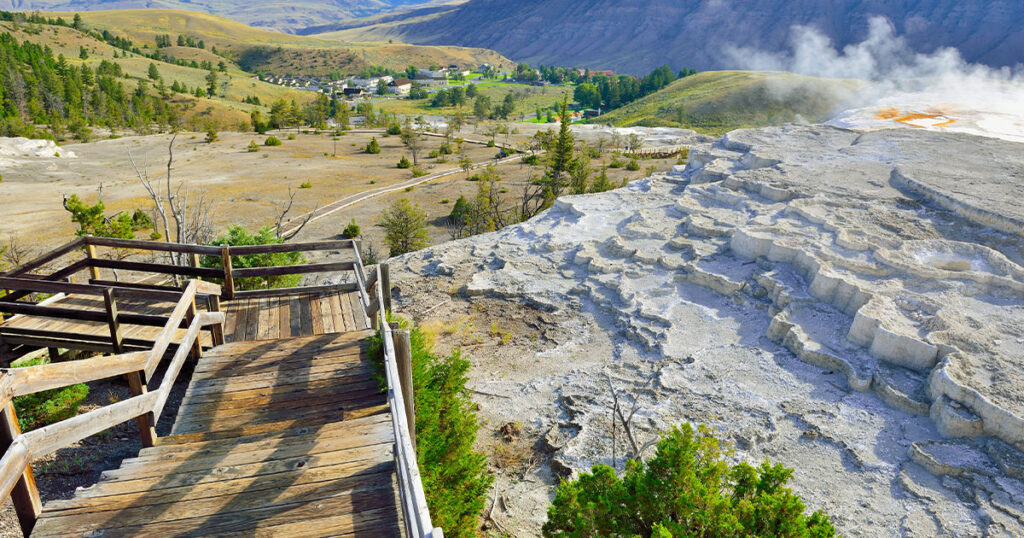 trail along the Grassy Spring in Mammoth Hot Springs area of Yellowstone National Park Wyoming