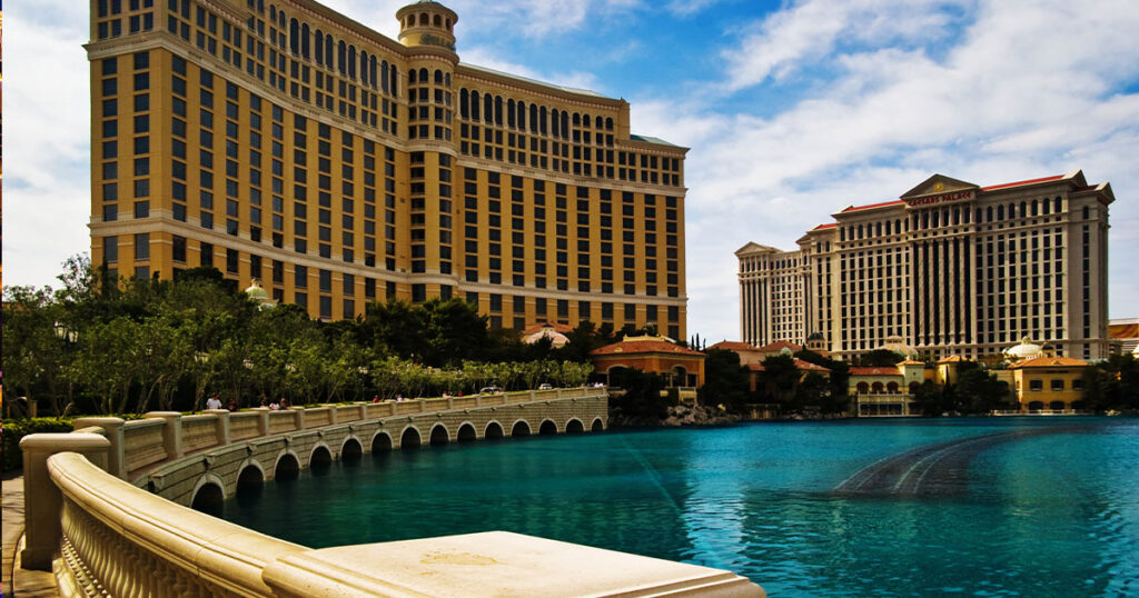 View of the lake in front of the bellagio and caesar hotels