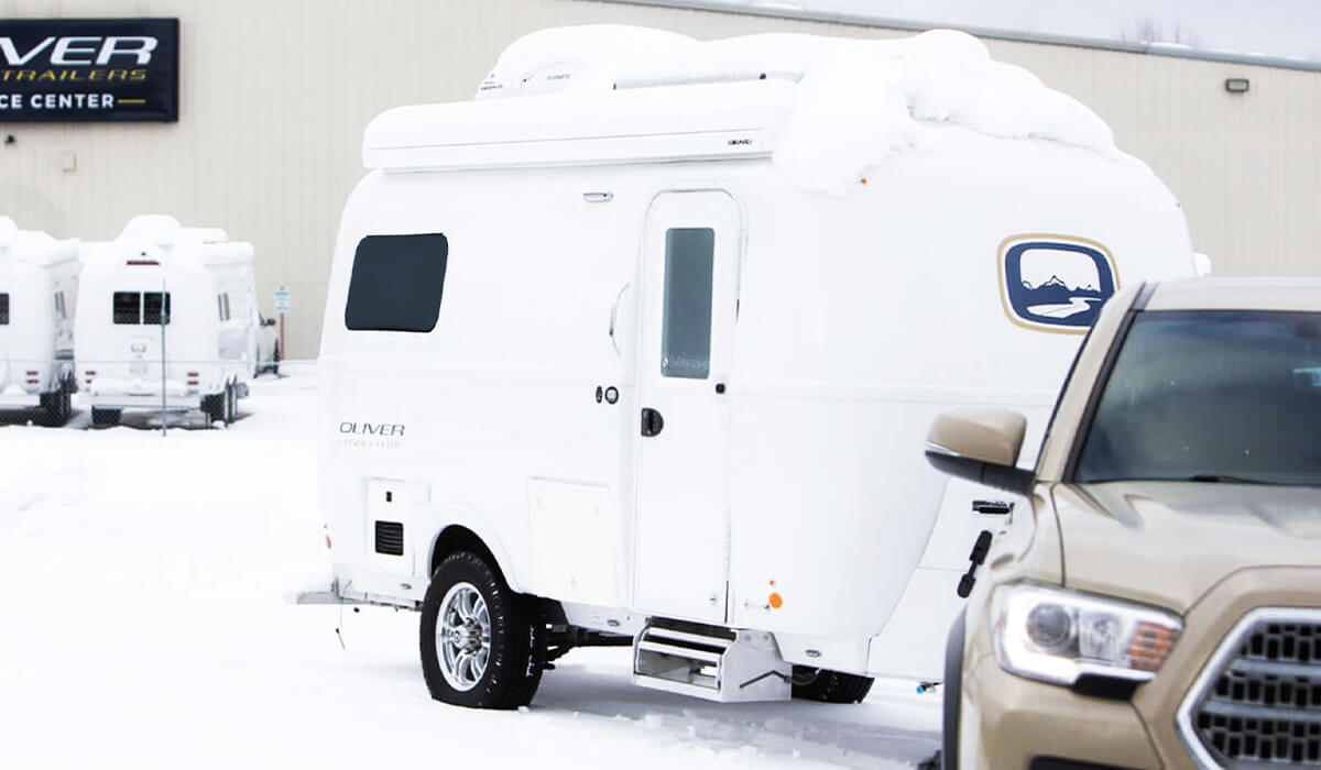 Small Fiberglass RV Camper in the Snow