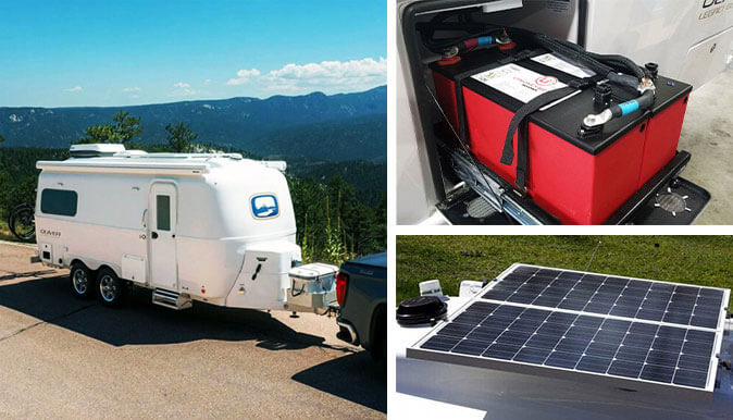 RV with lithium batteries, solar panels, and smart energy management system displayed on a scenic campground background.