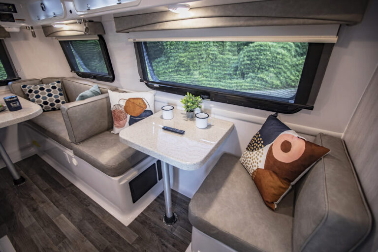 Pet-friendly interior of the Legacy Elite small camper.