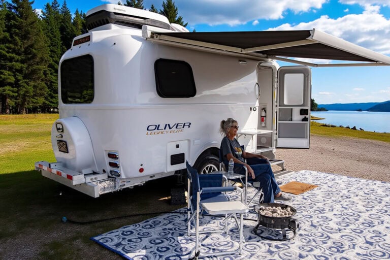 Elite camper exterior view with full kitchen and bathroom.